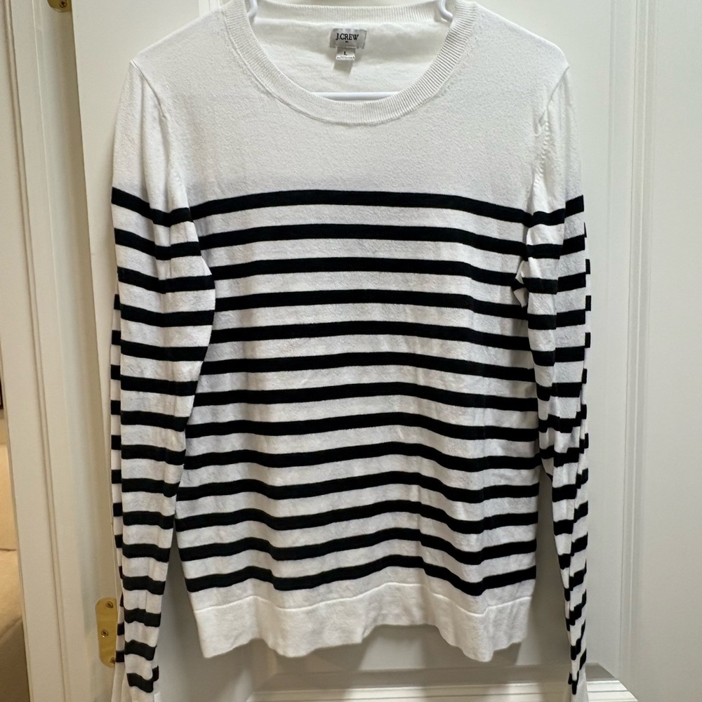 J.Crew Factory Striped Teddie Sweater - Black/Ivory Stripes, Size L
